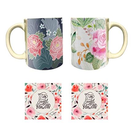 Yaya Cafe Angelic Floral Flower Handmade Ceramic Coffee Mug Set of 2 with Coaster (325 ml) - Image 1