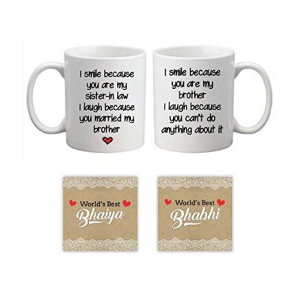 Yaya Cafe Anniversary Gifts for Brother Bhabhi Mugs, Funny Teasing I Smile I Laugh Mugs, Coasters Gift Set of 4 - Image 1