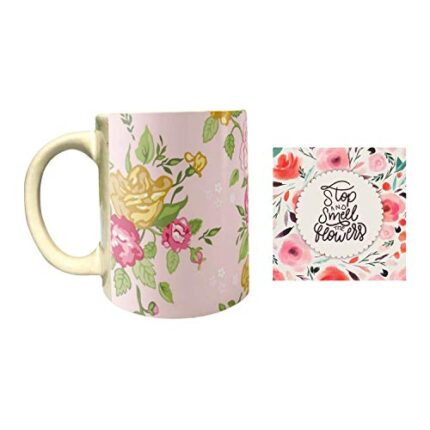 Yaya Cafe Appealing Floral Flower Handmade Ceramic Coffee Mug with Coaster 325 ml - Image 1