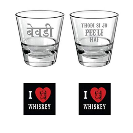 Yaya Cafe Bewadi Hindi Engraved Conical Whiskey Glasses Set of 2 with Coaster - 350 ml - Image 1