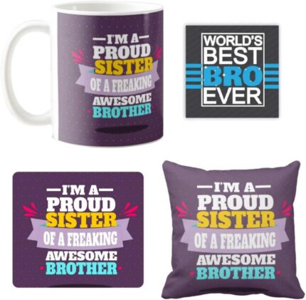 Yaya Cafe Birthday Brother, Proud Sister Freaking Awesome Brother Mug, Coaster, Mousepad, Cushion Cover, Set of 4 - Image 1