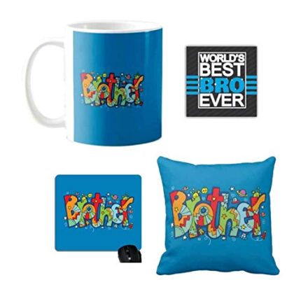 Yaya Cafe Birthday Gifts Combo for Brother, Colorful Brother Mug, Coaster, Mousepad, Cushion Cover, Set of 4 - Image 1