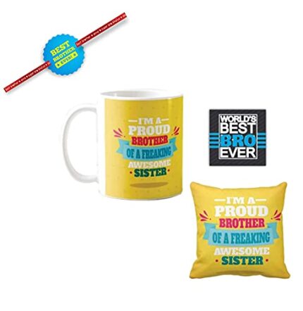 Yaya Cafe Birthday Gifts Combo for Brother, Proud Brother of Freaking Awesome Sister Mug, Coaster, Cushion Cover, Set of 3 - Image 1