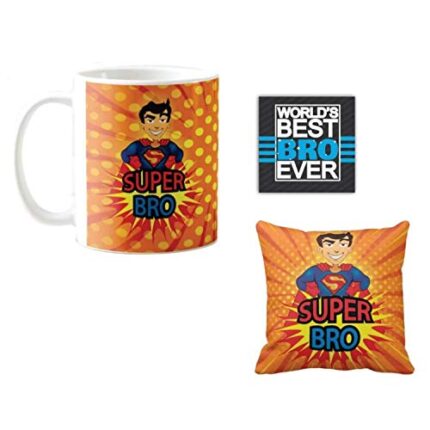 Yaya Cafe Birthday Gifts Combo for Brother, Super Bro Mug, Coaster, Cushion Cover, Set of 3 - Image 1