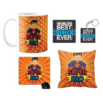 Yaya Cafe Birthday Gifts Combo for Brother, Super Bro Mug, Coaster, Mousepad, Cushion Cover, Keychain, Set of 5 - Image 1