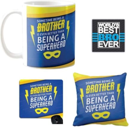 Yaya Cafe Birthday Gifts Combo for Brother, Super Hero Brother Mug, Coaster, Mousepad, Cushion Cover, Set of 4 - Image 1