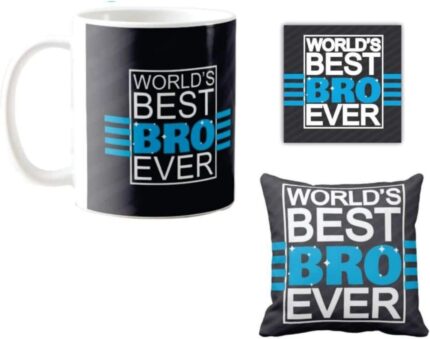 Yaya Cafe Birthday Gifts Combo for Brother, Worlds Best Bro Ever Mug, Coaster, Cushion Cover, Set of 3 - Image 1