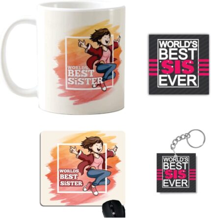 Yaya Cafe Birthday Gifts for Sister, Best Sister Mug, Coaster, Mousepad, Keychain, Set of 4 - Image 1