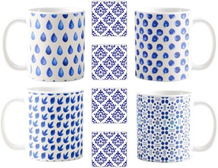 Yaya Cafe Blue Pottery Indigo Mug Set of 4 Charming Alluring Indigo with Coasters 330 ml - Image 1