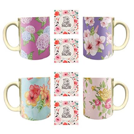 Yaya Cafe Captivating Floral Flower Handmade Ceramic Coffee Mug Set of 4 with Coaster (325 ml) - Image 1