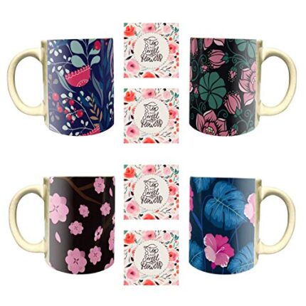 Yaya Cafe Foxy Floral Flower Handmade Ceramic Coffee Mug Set of 4 with Coaster (325 ml) - Image 1