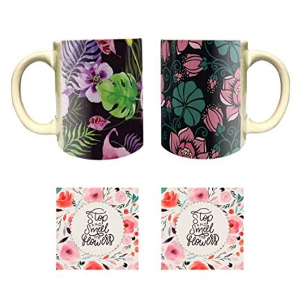 Yaya Cafe Foxy Resplendent Floral Flower Handmade Ceramic Coffee Mug Set of 2 with Coaster (325 ml) - Image 1