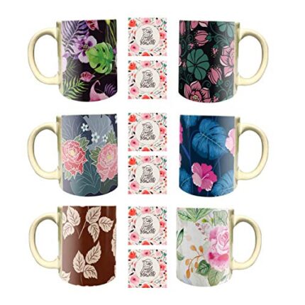 Yaya Cafe Marvelous Floral Flower Handmade Ceramic Coffee Mug Set of 6 with Coaster (325 ml) - Image 1
