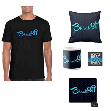 Yaya Cafe Men's Cotton Combo of Bhratashree Round Neck T-Shirt, Mug, Coaster, Cushion Cover, Mousepad XXL (Set of 5, Black) - Image 1
