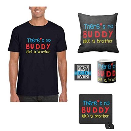 Yaya Cafe Men's Cotton Combo of Buddy Brother Round Neck T-Shirt, Mug, Coaster, Cushion Cover, Mousepad XXL (Set of 5, Black) - Image 1