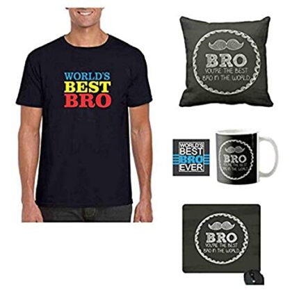 Yaya Cafe Men's Cotton Combo of Worlds Best Brother Round Neck T-Shirt, Mug, Coaster, Cushion Cover, Mousepad S (Set of 5, Black) - Image 1
