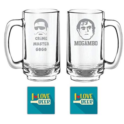 Yaya Cafe New Year Gifts, Crime Master Gogo Mogambo Hindi Engraved Beer Mugs Set of 2 with Coaster - Playboy Beer 357 ml - Image 1