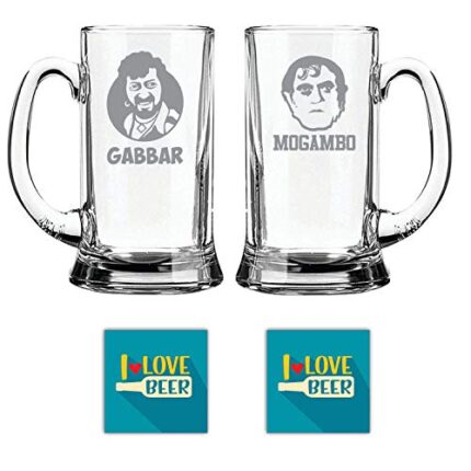Yaya Cafe New Year Gifts, Gabbar Mogambo Hindi Engraved Beer Mugs Set of 2 with Coaster - Image 1