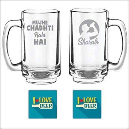 Yaya Cafe New Year Gifts, Mujhe Chadhti Nahi Hai Sharabi Hindi Engraved Beer Mugs Set of 2 with Coaster - Playboy Beer 357 ml - Image 1