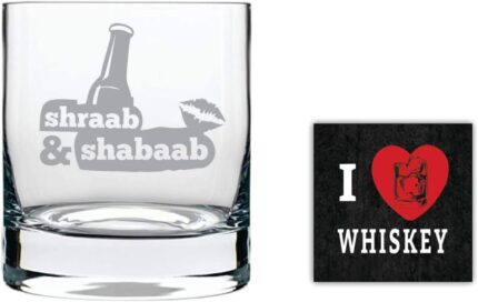 Yaya Cafe New Year Gifts, Sharaab and Shabaab Hindi Engraved Whiskey Glass - 325 ml - Image 1