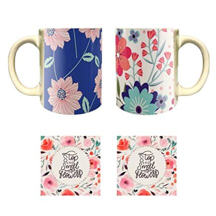 Yaya Cafe Pulchritudinous Well-Formed Floral Flower Handmade Ceramic Coffee Mug Set of 2 with Coaster (325 ml) - Image 1