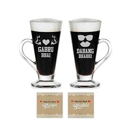 Yaya Cafe Rakhi Gifts for Bhaiya Bhabhi Gabru Bhai Dabang Bhabhi Glass Tea Cups, with Printed Rakhi, Roli-Tika, Coaster Set of 4 - Image 1