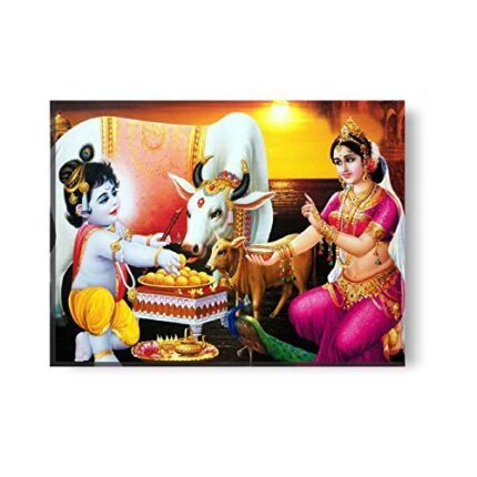 Yaya Cafe™ Sri Krishna Yashoda Ma Milking Cows Wall Painting Canvas Frame Poster Gifts - 12 x 9 inches - Image 1
