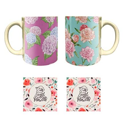 Yaya Cafe Symmetrical Floral Flower Handmade Ceramic Coffee Mug Set of 2 with Coaster (325 ml) - Image 1