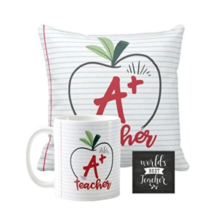 Yaya Cafe Teachers Day Gifts Combo, A Plus Teacher Hamper Set of 3 - Mug, Cushion Cover, Coaster - Image 1