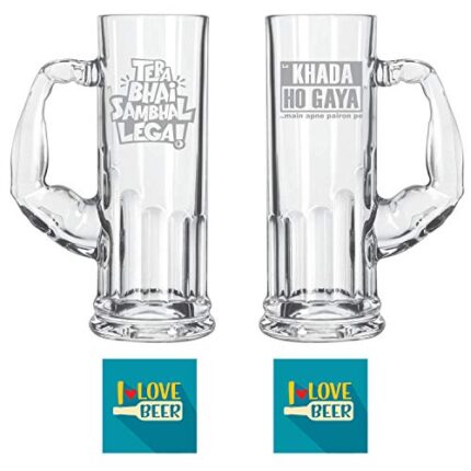 Yaya Cafe Tera Bhai Sambhal Lega Lo Khada Hogya Main Apne Pairon Pe Hindi Engraved Beer Mugs Set of 2 with Coaster - Image 1