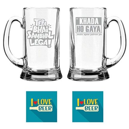 Yaya Cafe Tera Bhai Sambhal Lega Lo Khada Hogya Main Apne Pairon Pe Hindi Engraved Beer Mugs Set of 2 with Coaster - Icon Beer 580 Ml - Image 1