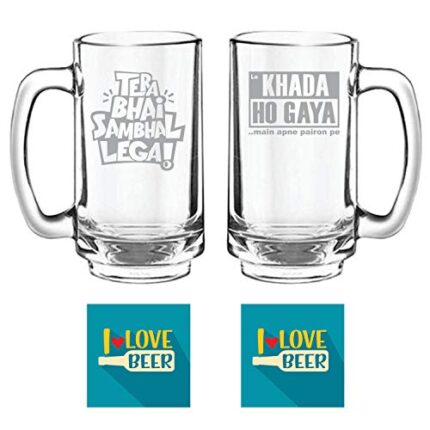 Yaya Cafe Tera Bhai Sambhal Lega Lo Khada Hogya Main Apne Pairon Pe Hindi Engraved Beer Mugs Set of 2 with Coaster - Playboy Beer 357 Ml - Image 1