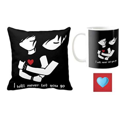 Yaya Cafe Valentine Gift Combo for Girlfriend Boyfriend Mug I Will Never Let You Go with Coaster, Cushion Cover - Image 1