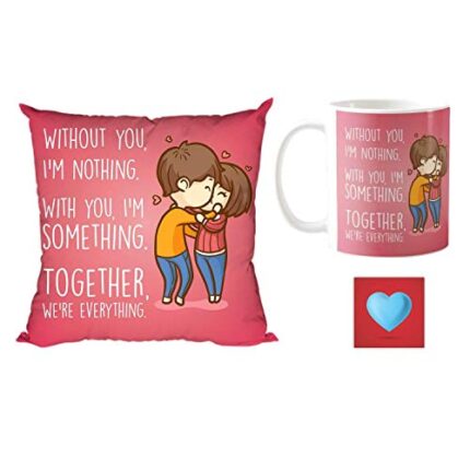 Yaya Cafe Valentine Gift Combo for Girlfriend Wife Mug Without You I am Nothing, Together we are Everyting with Coaster, Cushion Cover - Image 1