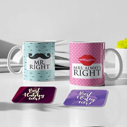Yaya Cafe Valentine Gift Combo for Husband Wife Couple Mugs Mr Right Mrs Always Right with Coaster - Image 1