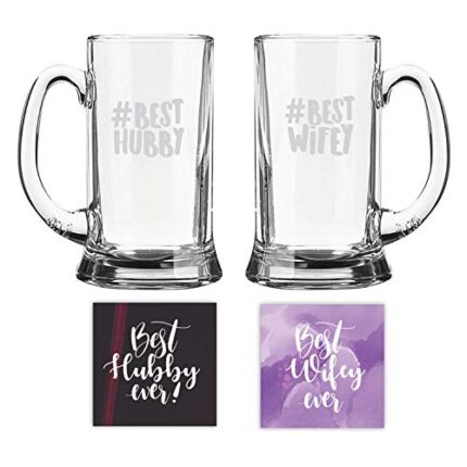 Yaya Cafe Valentine Gifts for Husband Wife # Best Hubby Wifey Engraved Beer Mug with Coaster - Icon Beer 580ml - Image 1