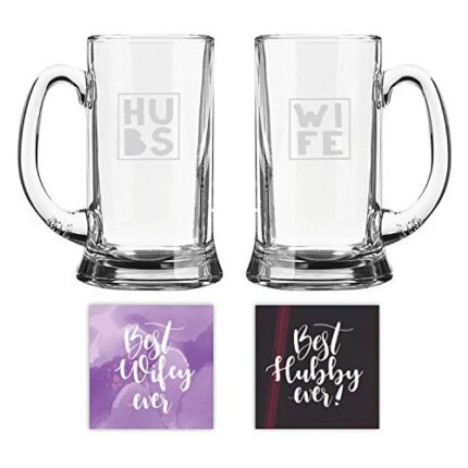 Yaya Cafe Valentine Gifts for Husband Wife Hubs Wife Engraved Beer Mug with Coaster - Icon Beer 580ml - Image 1