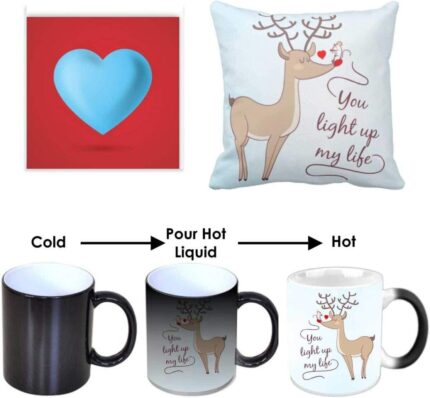 Yaya Cafe Valentine Kiss Day Gifts Combo for Girlfriend Wife Mug Cute You Light Up My Life with Coaster, Cushion Cover - Image 1